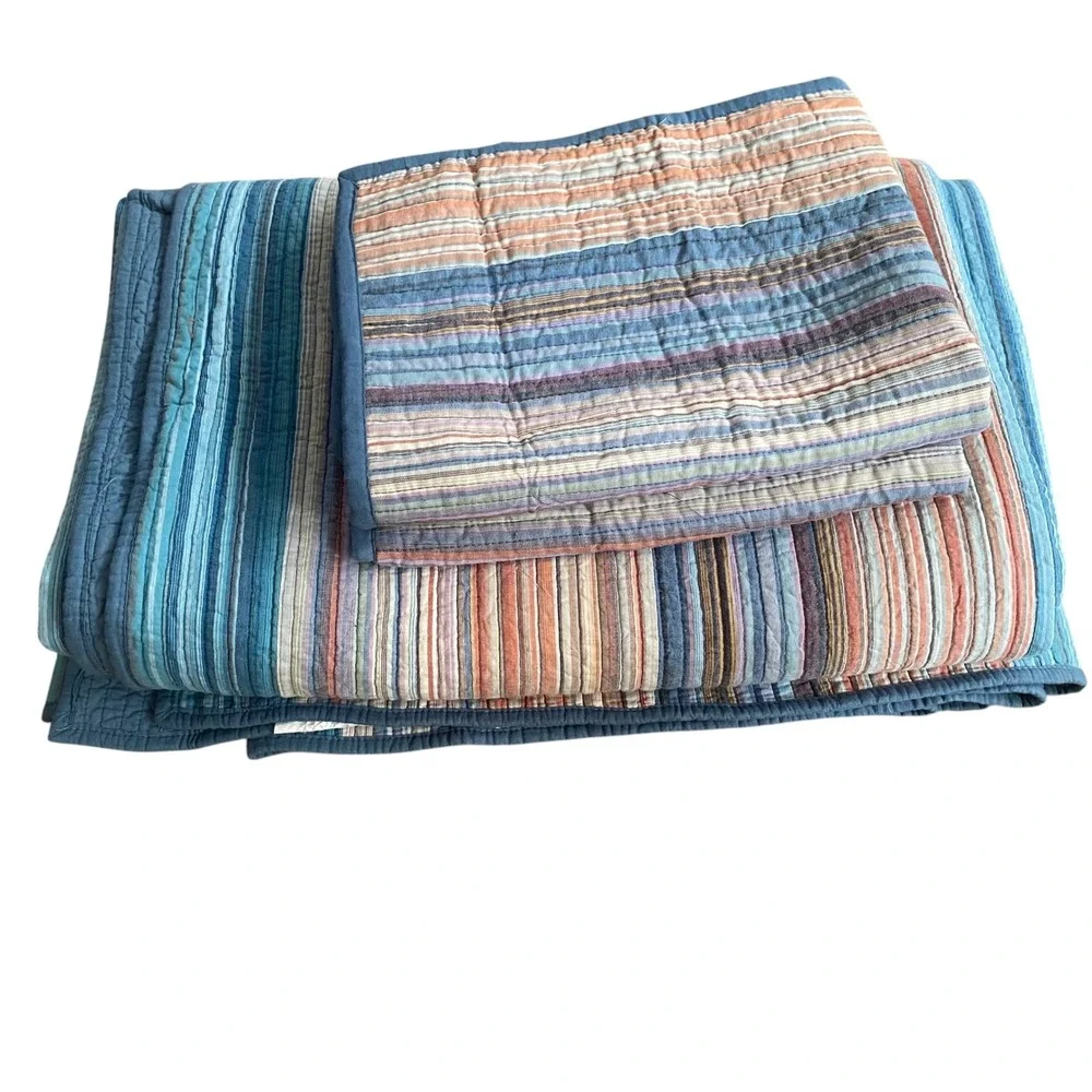 Sonoma Goods Striped Cotton Reversible Quilt Set Blue Orange Nautical Beach Boho